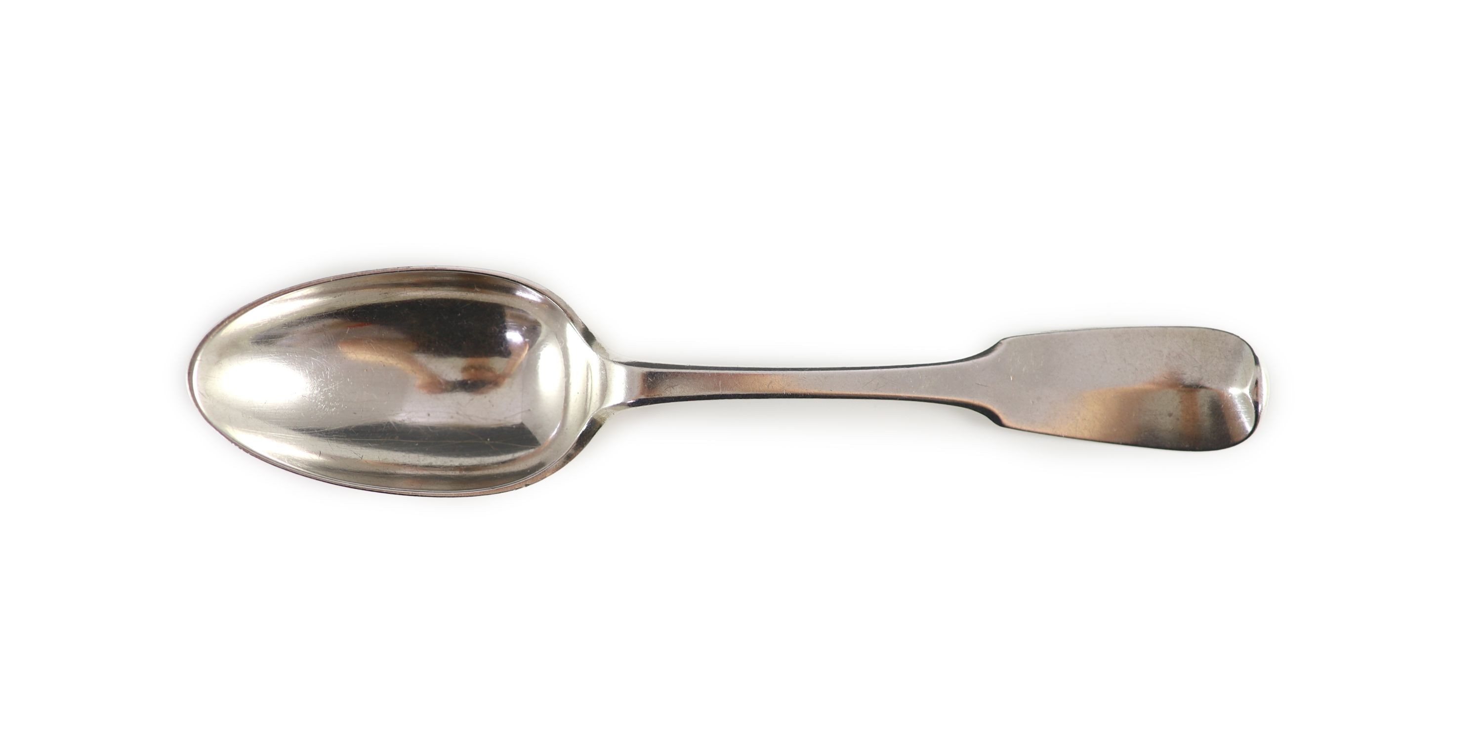An 18th century French silver fiddle pattern tablespoon, 20cm long, 2.6 oz.